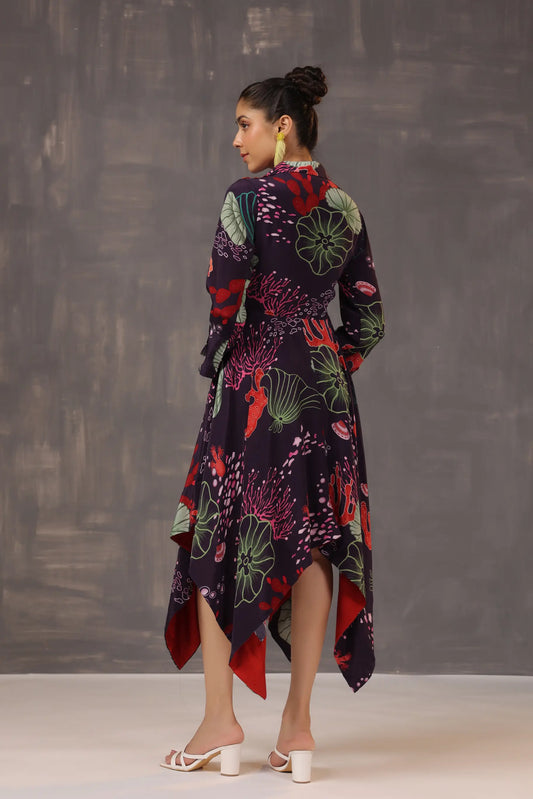 Aysymettrical Coral Dress with 3D Floral Yok Embellisehd