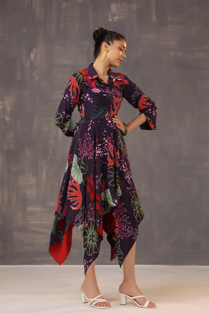 Aysymettrical Coral Dress with 3D Floral Yok Embellisehd