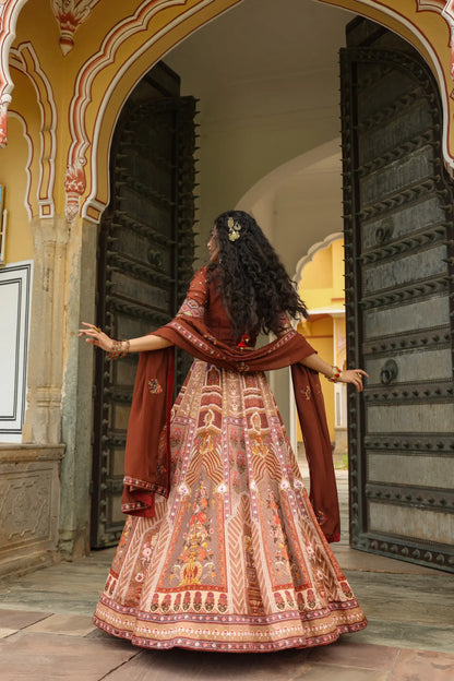 Traditional Printed lehanga with full machine embroidered Blouse & Dupatta
