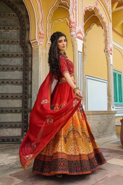 Shawl Pattern Print lehanga with embroidered blouse & dupatta