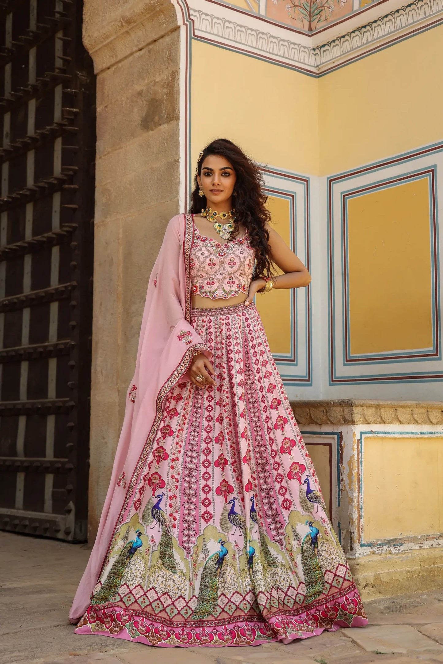 Pink Colour traditional print lehanga with embroidered blouse & dupatta