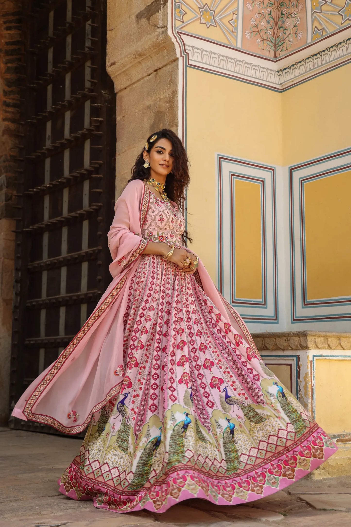 Pink Colour traditional print lehanga with embroidered blouse & dupatta