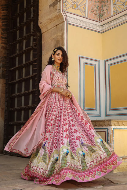 Pink Colour traditional print lehanga with embroidered blouse & dupatta