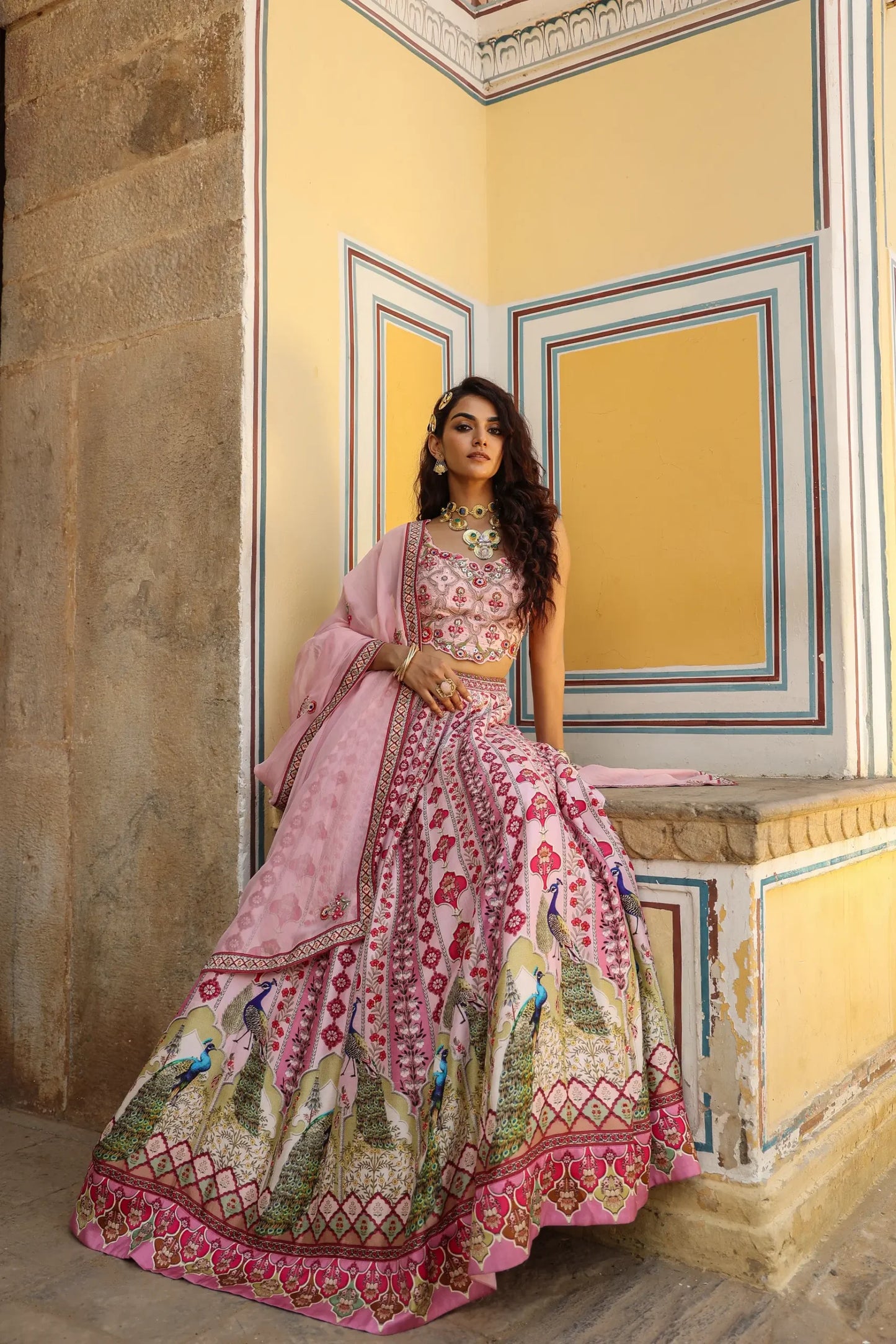 Pink Colour traditional print lehanga with embroidered blouse & dupatta