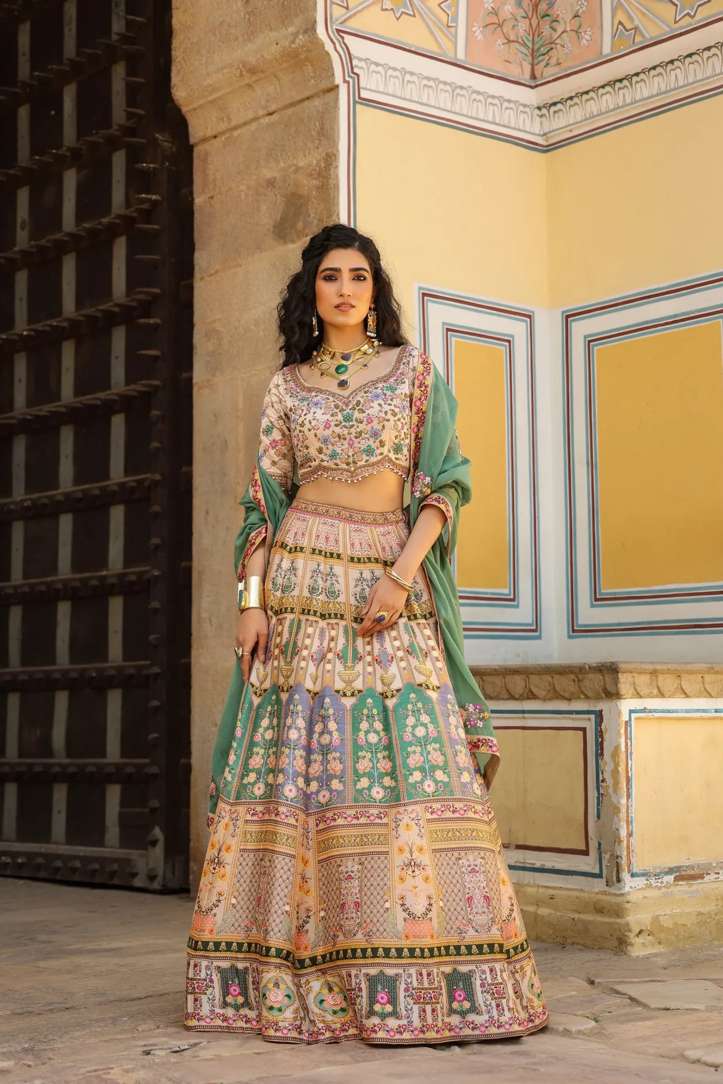 A traditional Kashmiri Print lehanga with embroidered blouse