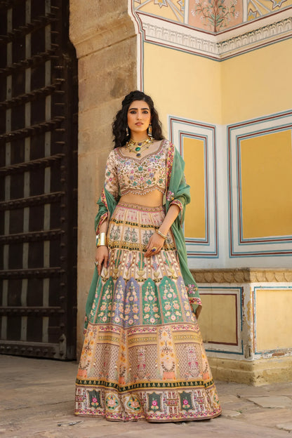 A traditional Kashmiri Print lehanga with embroidered blouse