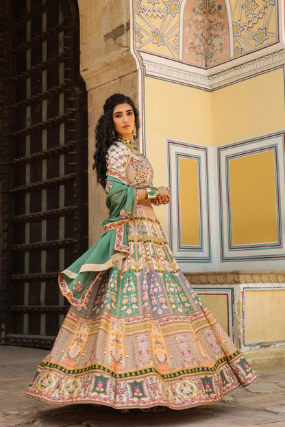 A traditional Kashmiri Print lehanga with embroidered blouse