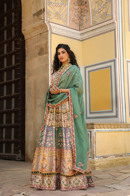 A traditional Kashmiri Print lehanga with embroidered blouse