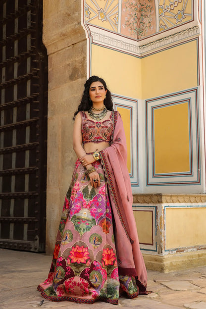 Traditonal Print pink colour lehanga with embroidered Blouse & Dupatta