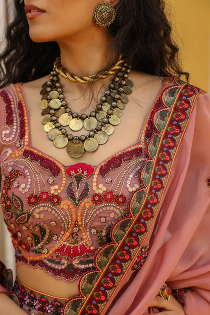 Traditonal Print pink colour lehanga with embroidered Blouse & Dupatta