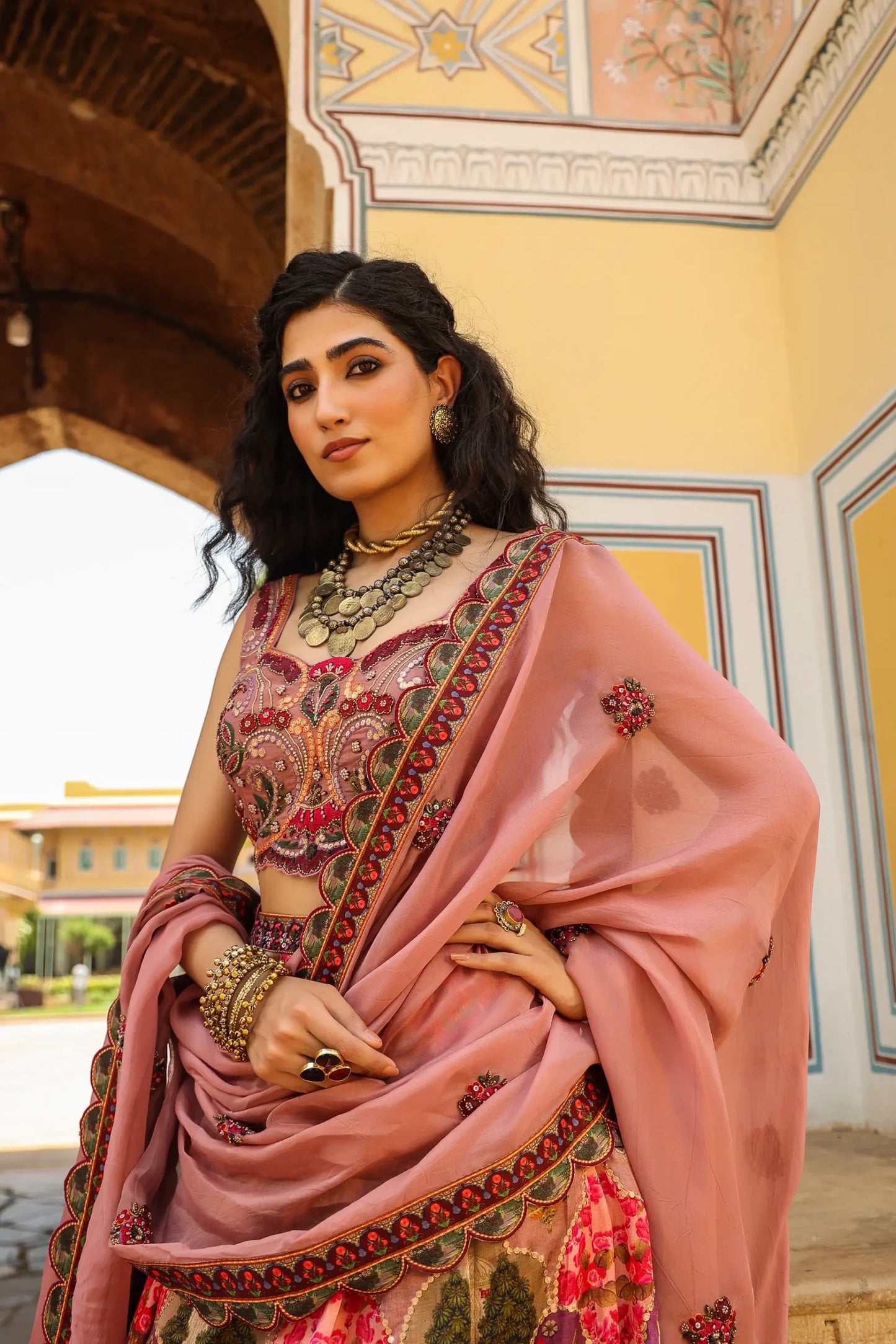 Traditonal Print pink colour lehanga with embroidered Blouse & Dupatta