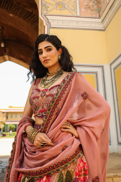 Traditonal Print pink colour lehanga with embroidered Blouse & Dupatta