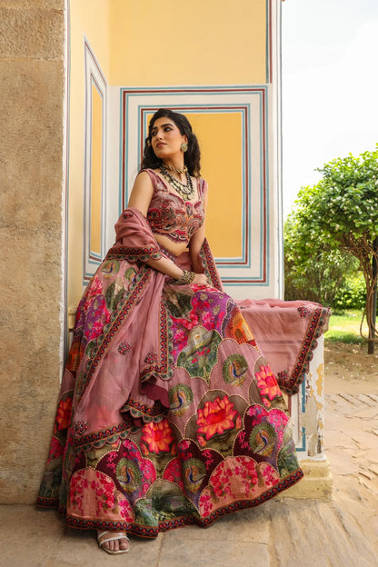 Traditonal Print pink colour lehanga with embroidered Blouse & Dupatta