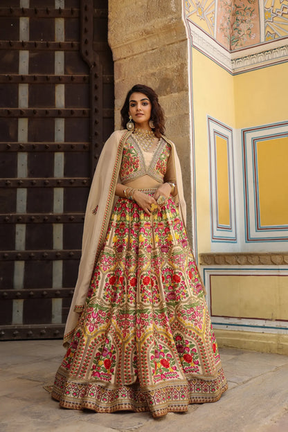 Beige Colour Traditonal Print lehanga with embroidered Blouse
