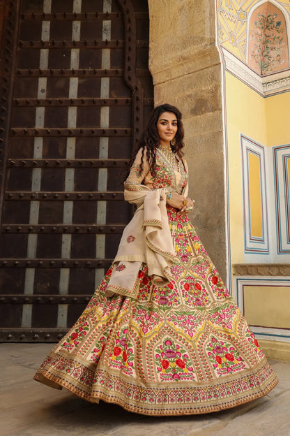 Beige Colour Traditonal Print lehanga with embroidered Blouse