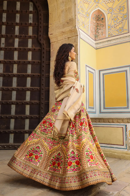Beige Colour Traditonal Print lehanga with embroidered Blouse