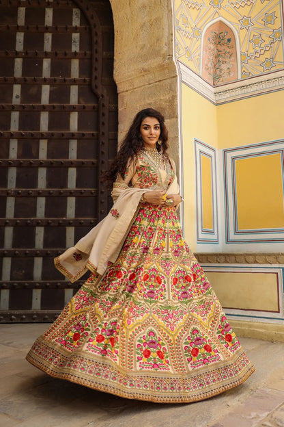 Beige Colour Traditonal Print lehanga with embroidered Blouse