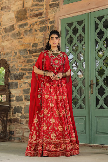 A red colour full traditional Print lehanga with heavy blouse & dupatta