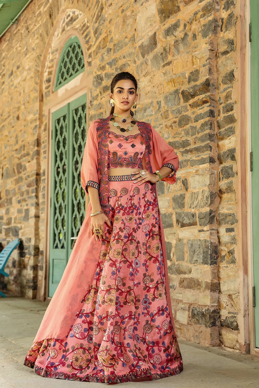 Peache colour kalamkari print lehanga with embroidered blouse and jacket