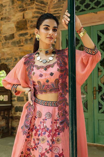 Peache colour kalamkari print lehanga with embroidered blouse and jacket