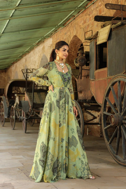 Olive Green colour full sleeves gown with embllished blouse and Divider Pant