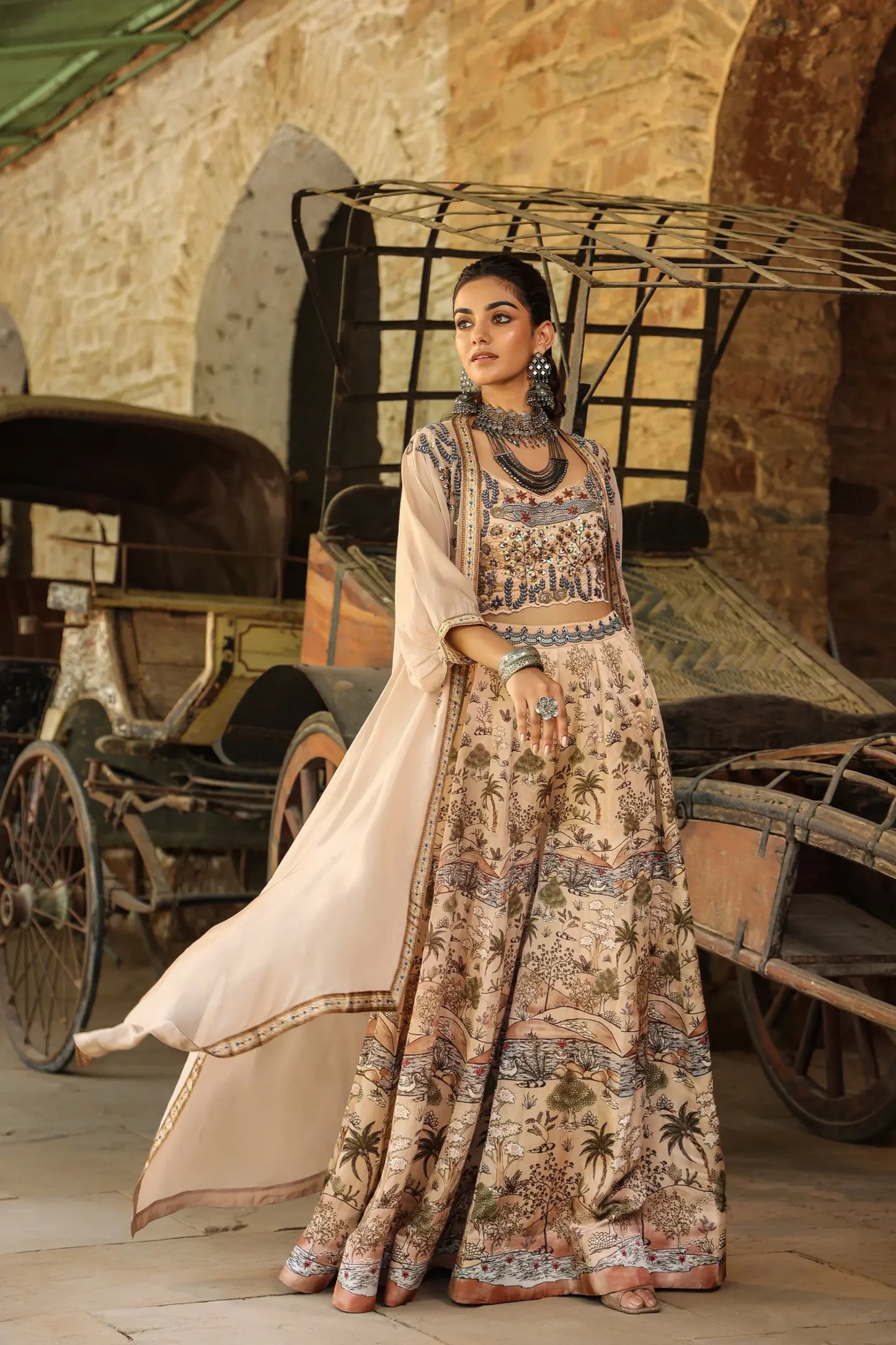 Beige Colour Traditional Print Divider Pant Gown with embroidered Blouse and Jacket