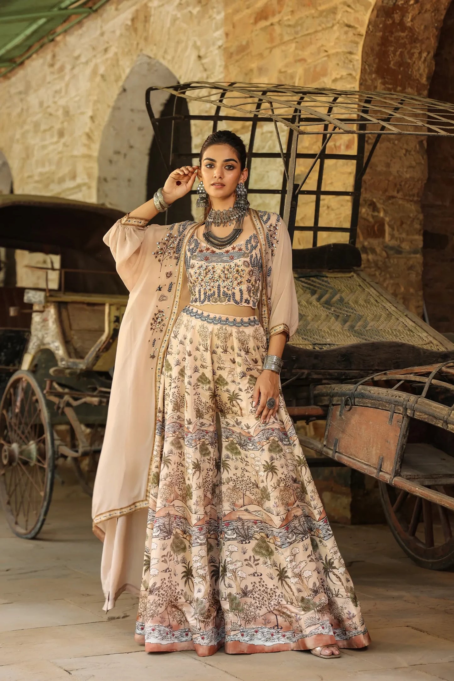 Beige Colour Traditional Print Divider Pant Gown with embroidered Blouse and Jacket