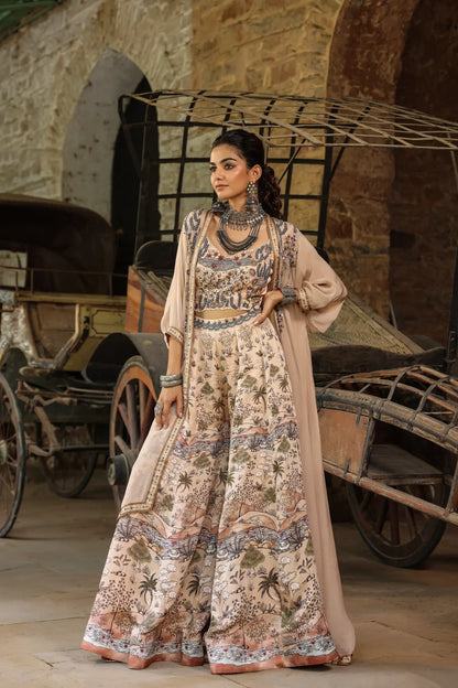 Beige Colour Traditional Print Divider Pant Gown with embroidered Blouse and Jacket