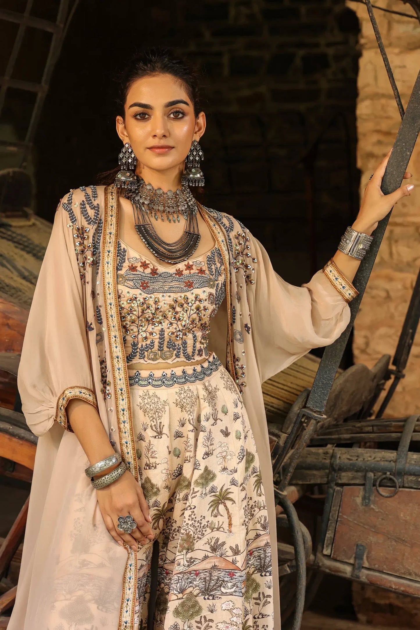 Beige Colour Traditional Print Divider Pant Gown with embroidered Blouse and Jacket