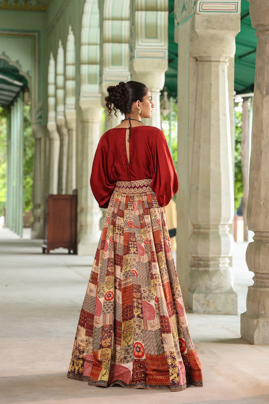 Collage print traditional lehanga with cowl blouse