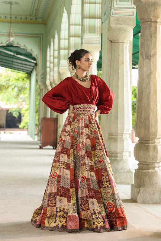 Collage print traditional lehanga with cowl blouse