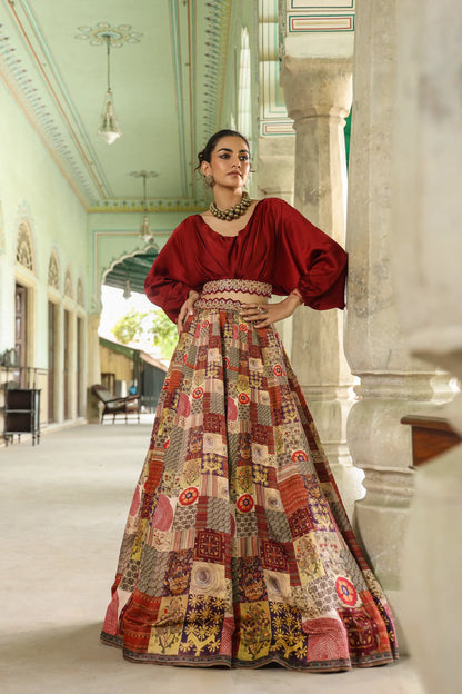 Collage print traditional lehanga with cowl blouse
