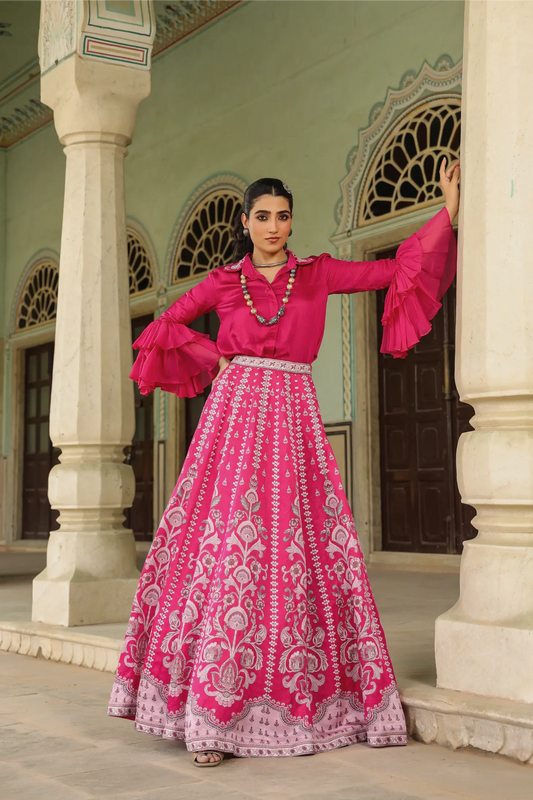 Rani pink traditional printed lehanga with stylist shirt with bell sleeves