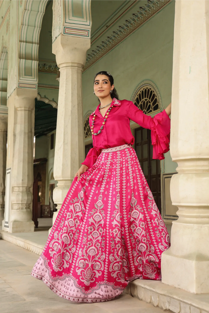 Rani pink traditional printed lehanga with stylist shirt with bell sleeves