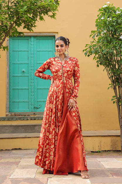 Red small floral printed gown