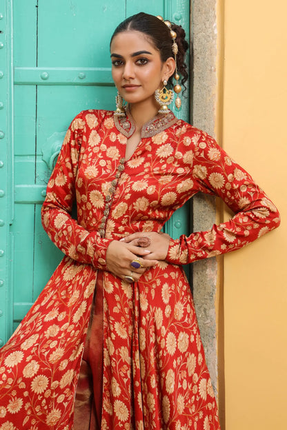 Red small floral printed gown