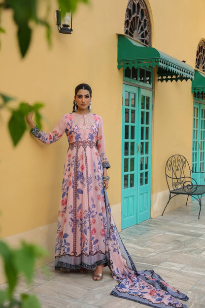 Pink floral printed Gown with printed Dupatta