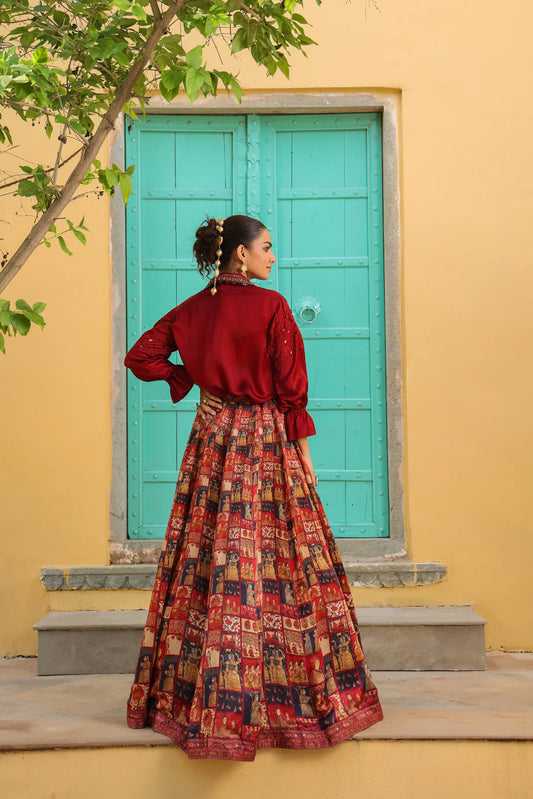 Maroon traditional Collage print lehanga with shirt