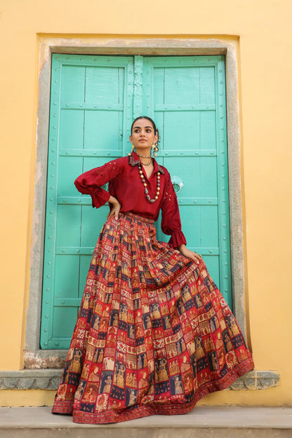 Maroon traditional Collage print lehanga with shirt
