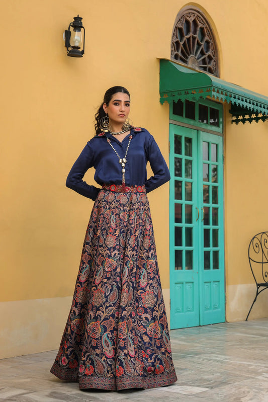 A Neavy blue colour traditional printed skirt with embroidered collar shirt