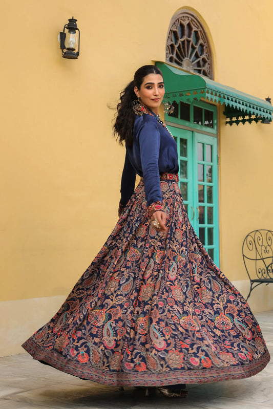 A Neavy blue colour traditional printed skirt with embroidered collar shirt