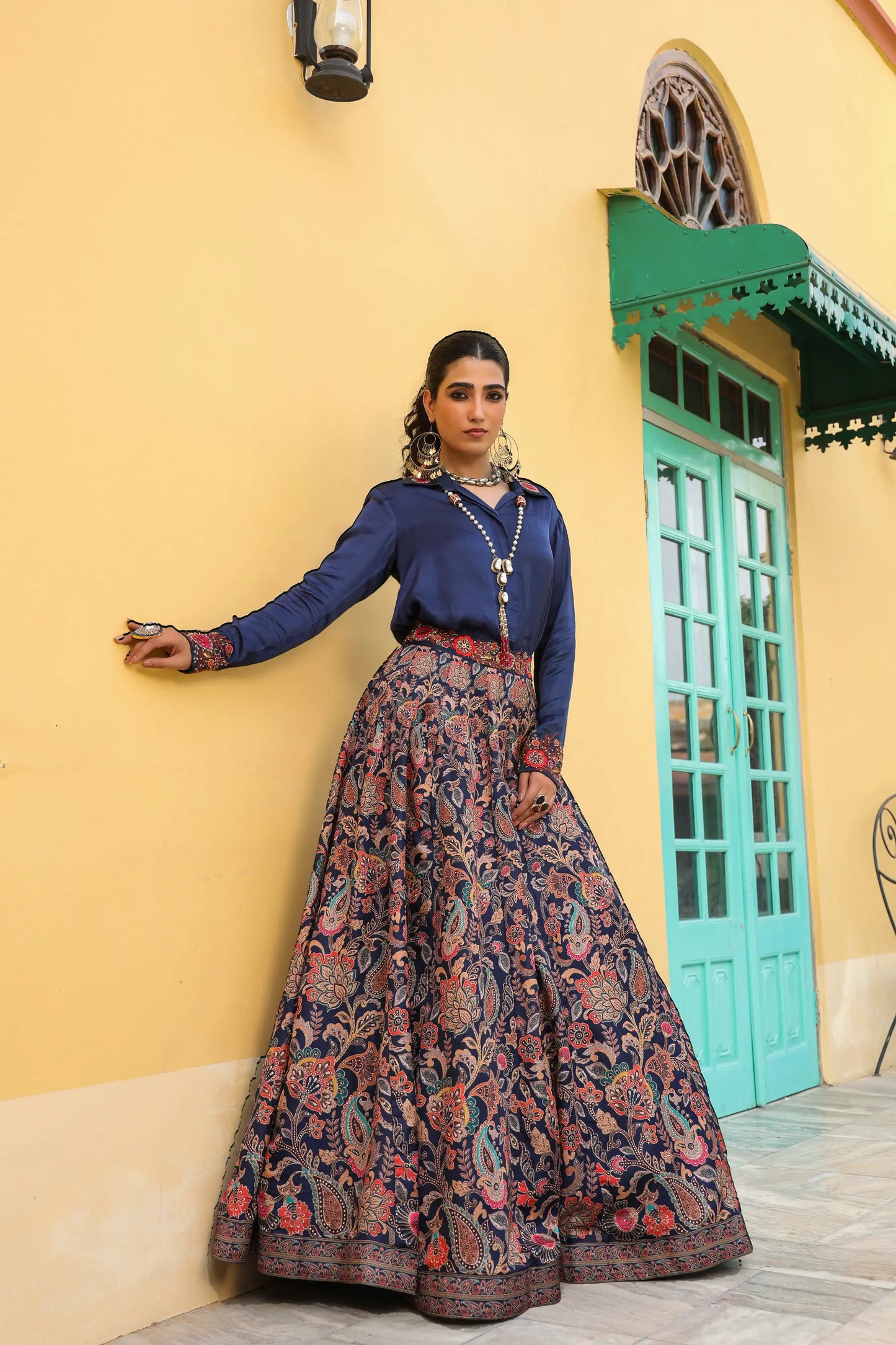 A Neavy blue colour traditional printed skirt with embroidered collar shirt