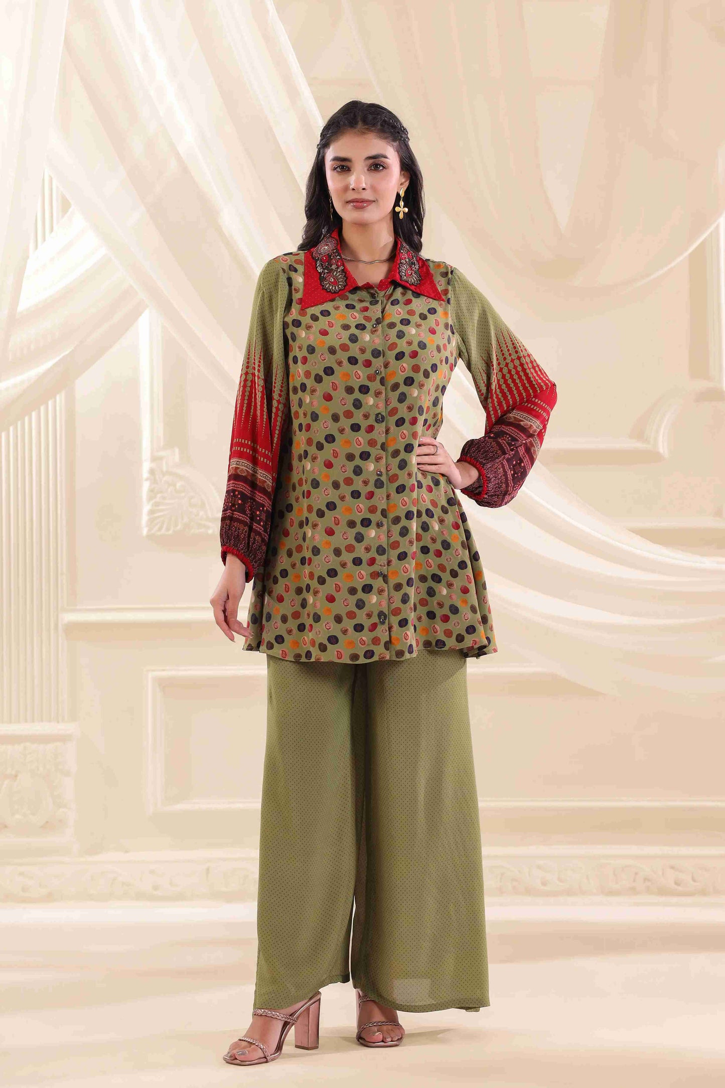 Printed Co-Ord Set with Embellished Neck