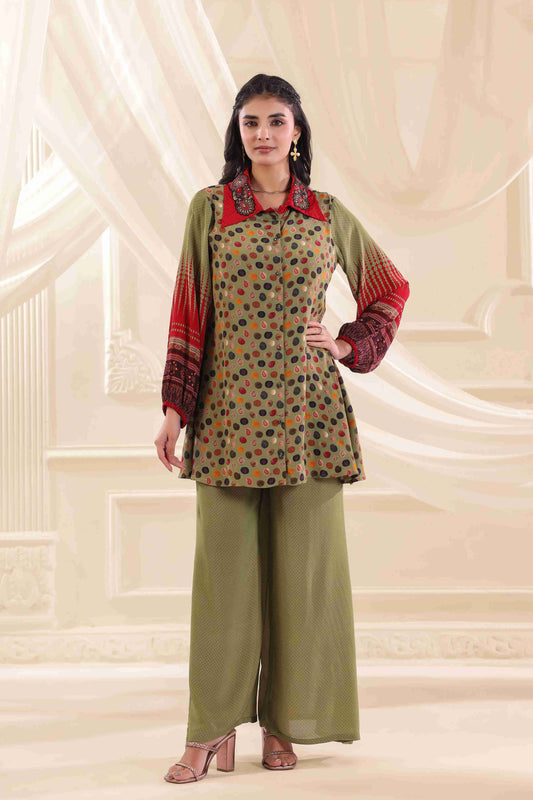 Printed Co-Ord Set with Embellished Neck