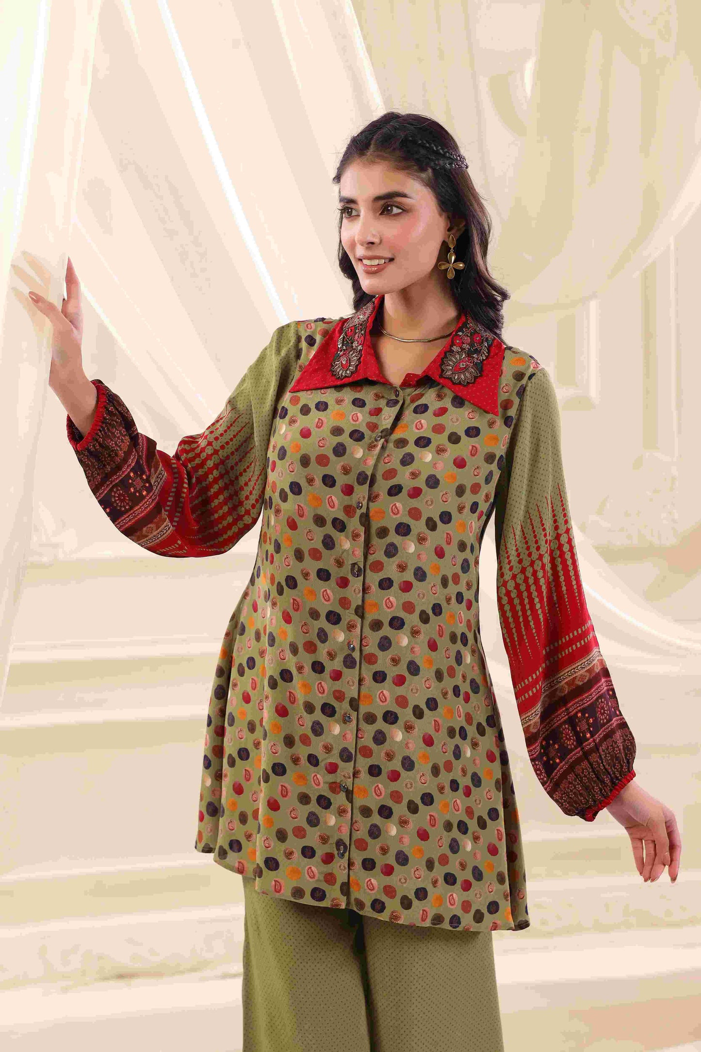 Printed Co-Ord Set with Embellished Neck