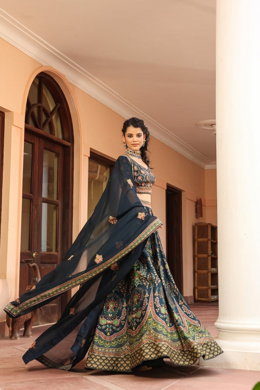 Bottle Green Colour Traditional Print Lehanga