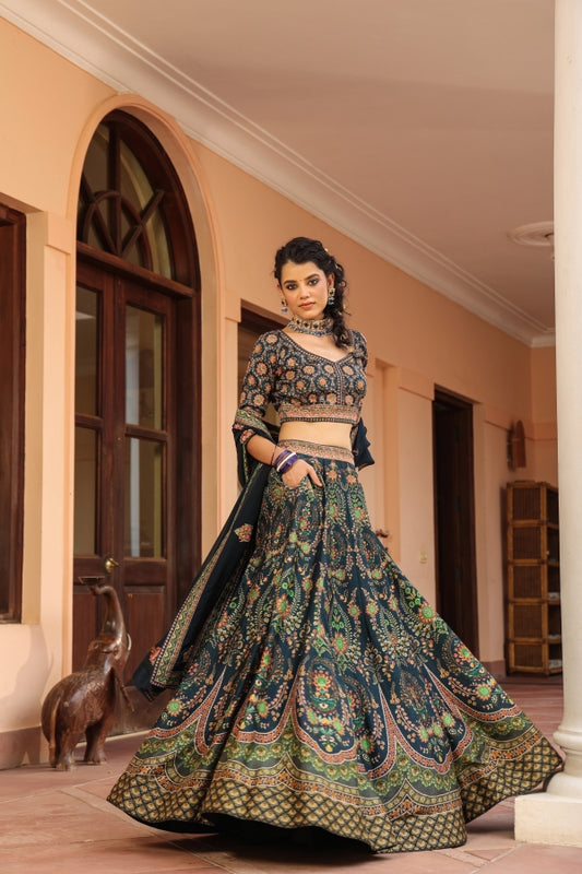 Bottle Green Colour Traditional Print Lehanga