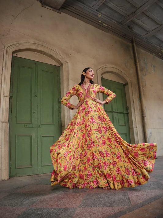 Red & Yellow Floral Printed Gown
