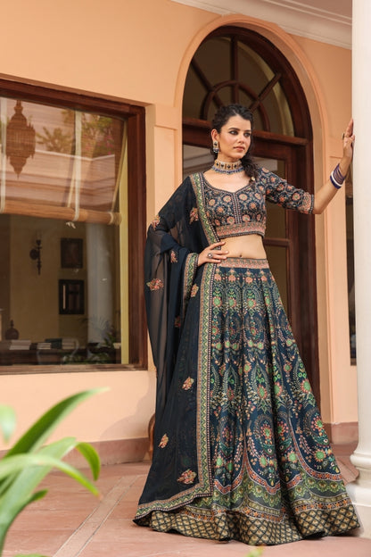 Bottle Green Colour Traditional Print Lehanga