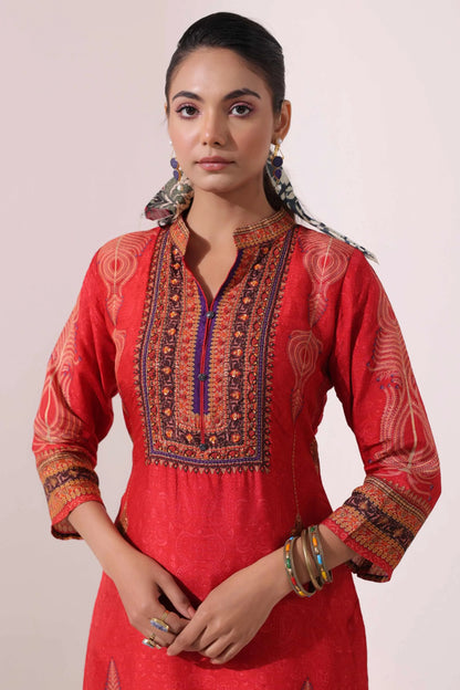 Red Colour Traditional Print Kurti